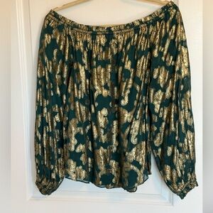 NEW WITH TAG-HALE BOB Viola Top Off Shoulder Green & Metallic Gold Floral Blouse